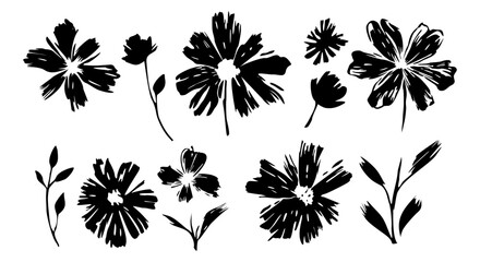 Set of black silhouettes of flowers in brush stroke ink style. Hand drawn vector illustrations clipart isolated on white background