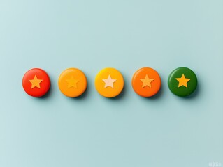 Five colorful buttons with star shapes arranged in a line against a soft blue background.