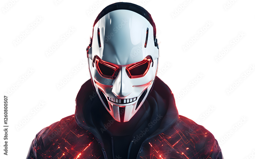 Poster A cybersecurity hacker mask with a digital glitch effect, isolated on a empty plain background