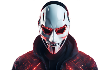 A cybersecurity hacker mask with a digital glitch effect, isolated on a empty plain background