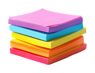 Bright colorful sticky notes for desk organization isolated on transparent background, png