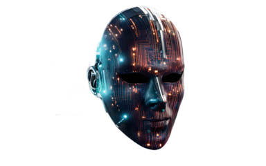A cybersecurity hacker mask with a digital glitch effect, isolated on a empty plain background