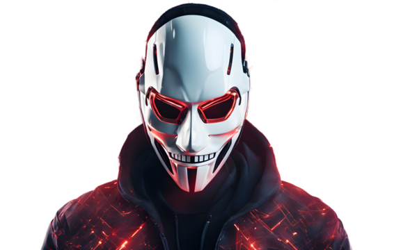 A cybersecurity hacker mask with a digital glitch effect, isolated on a empty plain background