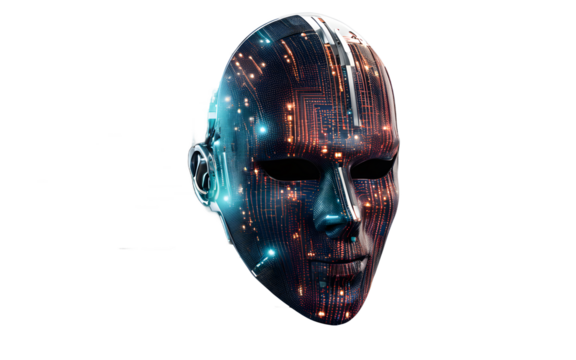 A cybersecurity hacker mask with a digital glitch effect, isolated on a empty plain background