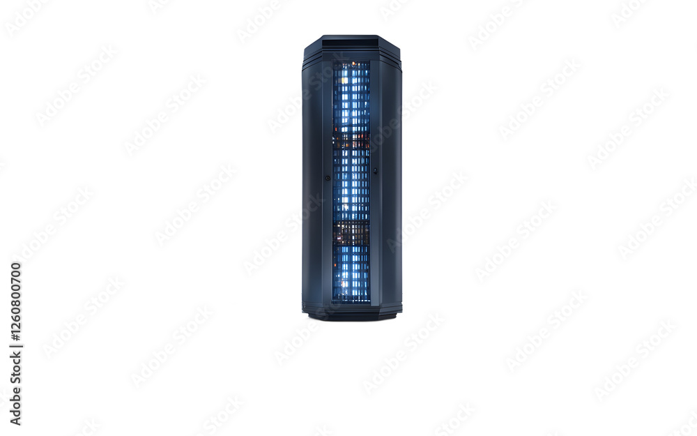 Aufkleber A futuristic data server tower with blinking lights, isolated on a empty plain background