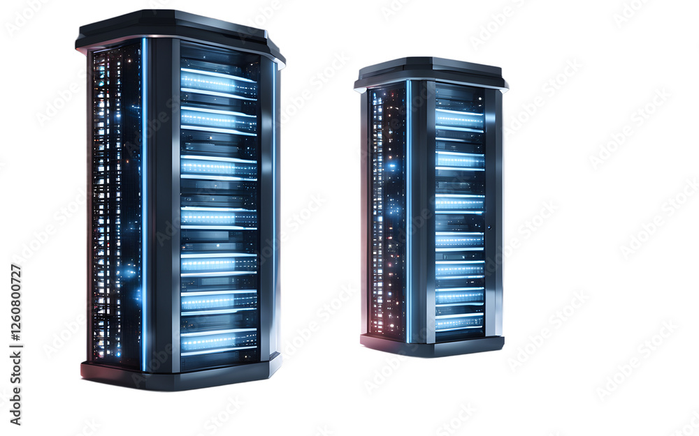 Aufkleber A futuristic data server tower with blinking lights, isolated on a empty plain background