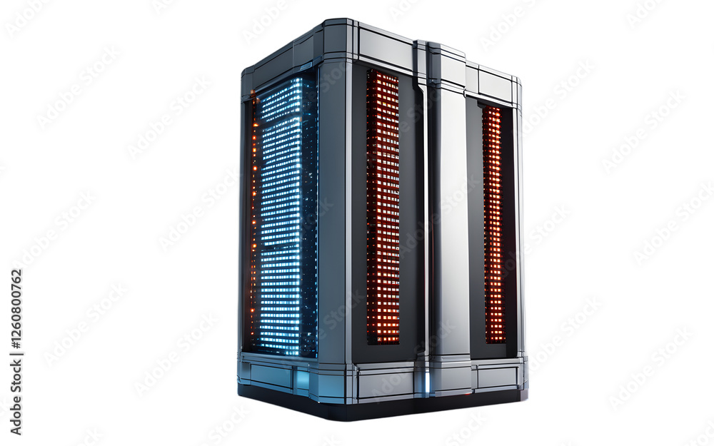 Poster A futuristic data server tower with blinking lights, isolated on a empty plain background