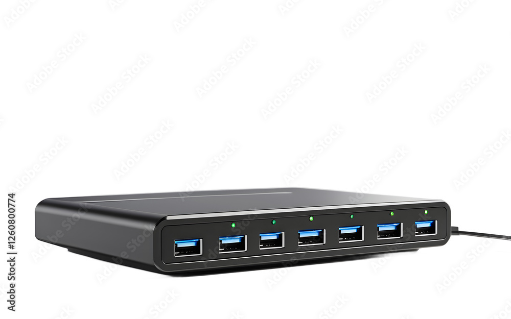 Poster a modern usb-c docking station with multiple ports, isolated on a empty plain background