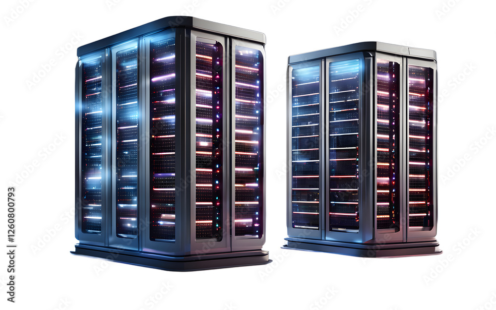 Poster A futuristic data server tower with blinking lights, isolated on a empty plain background