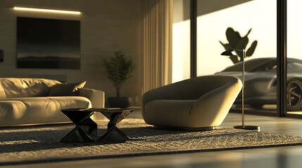 Modern Living Room Interior Design With Luxury Car View