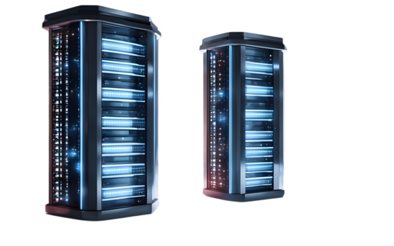A futuristic data server tower with blinking lights, isolated on a empty plain background