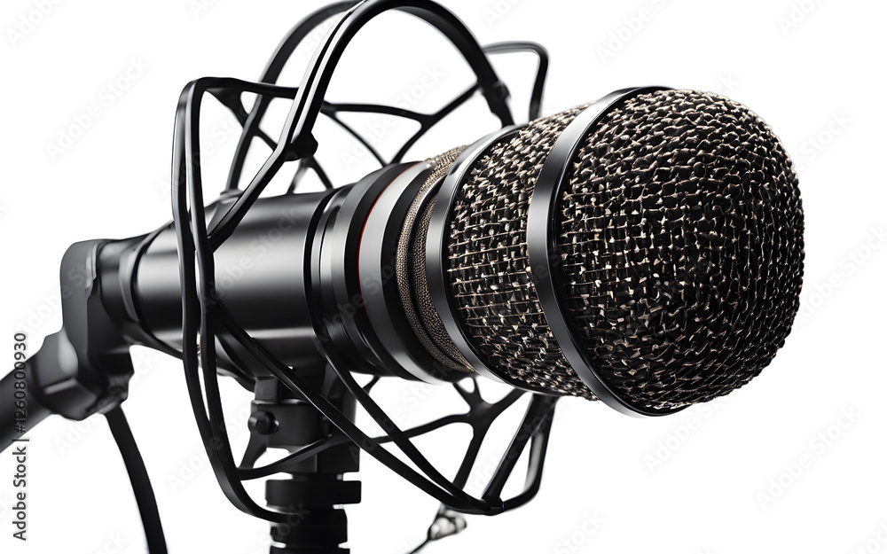 Poster A professional podcast microphone with a pop filter, isolated on a empty plain background