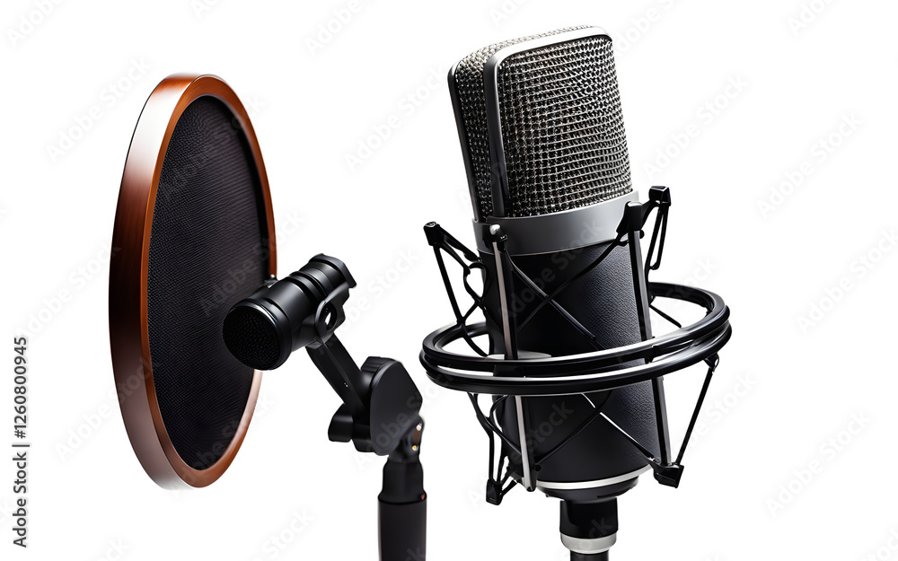 Poster A professional podcast microphone with a pop filter, isolated on a empty plain background