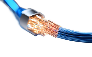 A sleek fiber optic cable emitting a blue light, isolated on a empty plain background