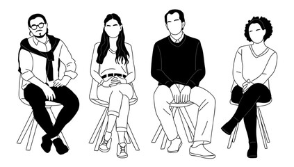 Set of business people, men and women sitting on office chairs, taking put in meeting. Hand drawn sketch vector illustrations isolated on white background
