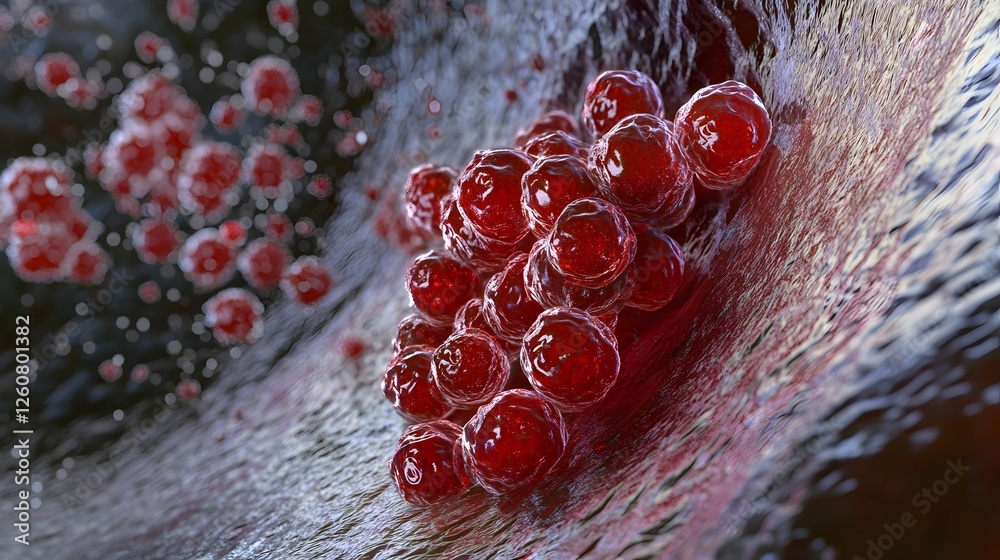 Poster Close up macro shot of a cluster of fresh ripe and juicy red berries possibly cranberries or pomegranate arils with water droplets glistening on the surface  The image has a vibrant natural