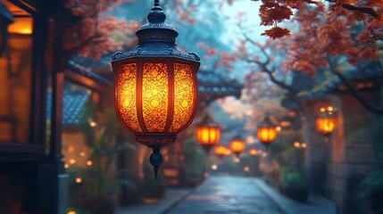 Naklejka premium Illuminated Lantern Hanging In A Mystical Asian Alleyway