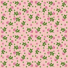 Seamless pattern little roses of red roses on pink background.