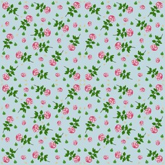 Seamless pattern little roses of red roses on blue background.