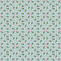 Seamless pattern little roses of red roses on blue background.