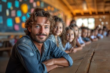 Fototapeta premium A teacher with a beard and blue shirt is smiling. Children are sitting behind him, and they are all smiling as well. School event