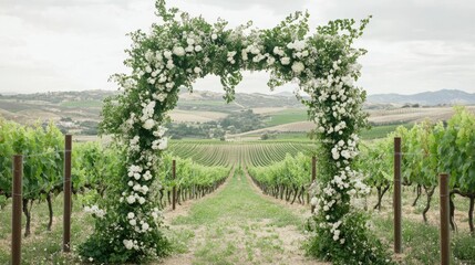 Fototapeta premium A floral wedding arch with cascading greenery and white lilies, set in a vineyard overlooking the rolling countryside.