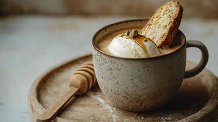 Affogato treat: Espresso, ice cream, biscotti, and honey drizzled in a rustic mug on a wooden platter.