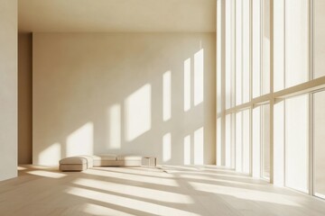 Natural light floods an airy room with minimalist design and calming shadows in a tranquil setting
