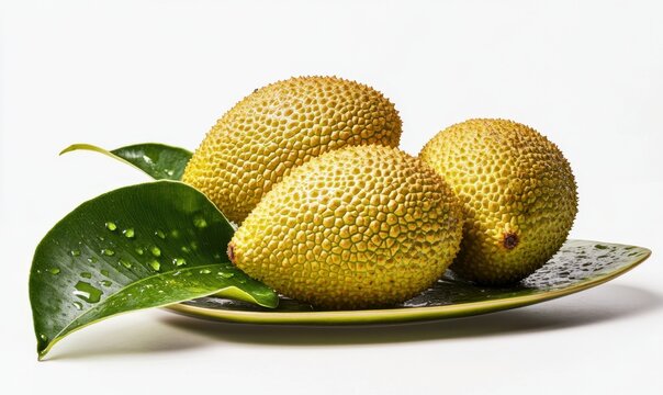 Three cempedak fruits on a leaf plate,  isolated on white background; healthy food