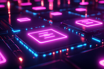 An abstract digital banner featuring a data connection theme in black and violet neon colors