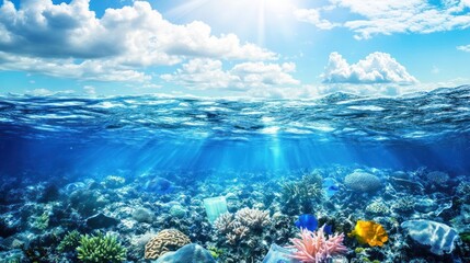 Fototapeta premium Underwater Paradise, Coral Reef Ecosystem with Sunbeams and Polluted Area