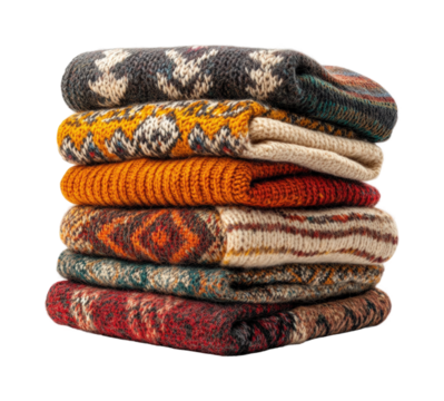 Cozy knit sweaters stack home product isolated on transparent background, png