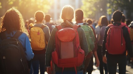 A group of students walking down the street. A view of a diverse rear multiracial view. Students in backpacks at school in the morning. A bunch of students strolling along lifestyle the road.
