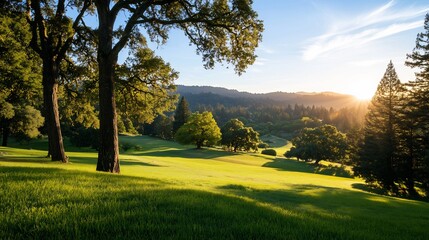 Fototapeta premium Sunlit Grove Of Tall Oak Trees In A Green Meadow With A Distant Horizon