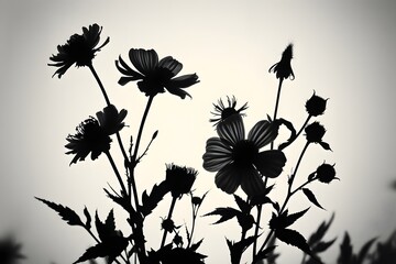 Silhouette of sunset in the garden,  black flowers and grass 