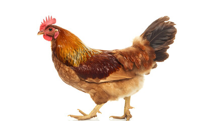 Fototapeta premium Close up portrait of a vibrant rooster with colorful feathers red comb and sharp beak against a clean white backdrop