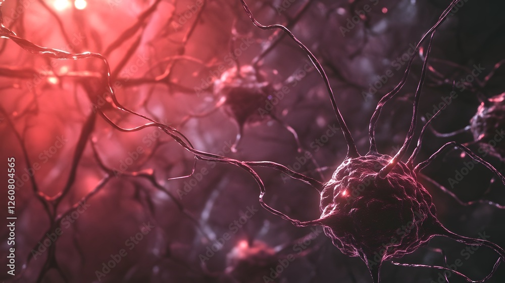 Aufkleber close up view of glowing neon colored synaptic nerve cells forming an intricate futuristic looking n