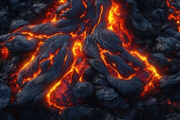 Glowing lava flows create a mesmerizing landscape at night in a volcanic region showcasing nature's raw power and beauty