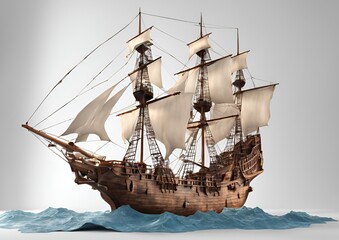 Detailed 3D model of pirate ships with sails maritime adventure on white light background