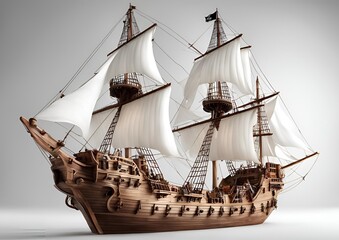 Detailed 3D model of pirate ships with sails maritime adventure on white light background