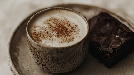 Warm cappuccino with chocolate powder next to a delicious chocolate brownie for a delightful treat.