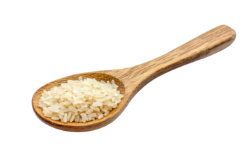 wooden spoon with rice isolated on transparent or white background, png ,close up 