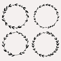Set of black laurels frames branches. Vintage laurel wreaths collection. Hand drawn vector laurel leaves decorative elements. Leaves, swirls, ornate, award, icon. Vector illustration