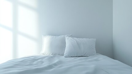 A minimalist bedroom design with a neatly placed white pillow, simple bedding, and soft lighting.
