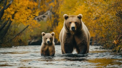 Obraz premium Brown bears mother and cub in autumn forest stream