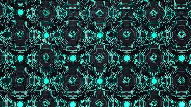 Futuristic blue patterns evolve in dynamic geometric sequence with hexagonal designs