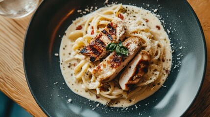 Grilled chicken resting atop creamy alfredo pasta dish in a stylish matte bowl