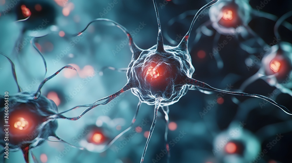 Poster Closeup Abstract Microscopic Image of Red and Blue Brain Neuron Cells and Neural Network Connections Illustrating Neuroscience and Nervous System Concept