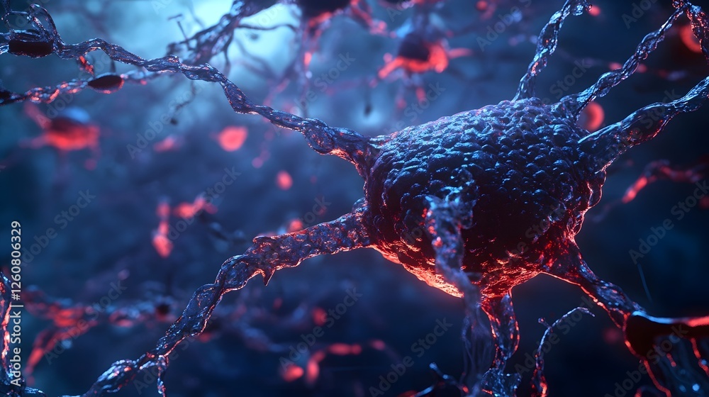 Poster closeup detailed microscopic view of glowing neuronal connections and synapses within the intricate 