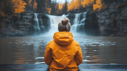 Woman in Yellow Jacket Contemplates Autumn Waterfall